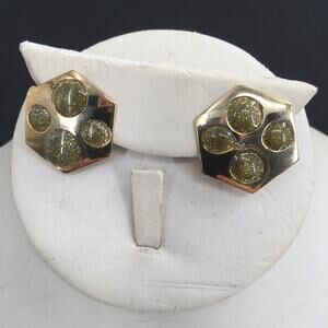 Vintage Golden Post Earrings Costume Jewelry Green Sparkle Post Huggies